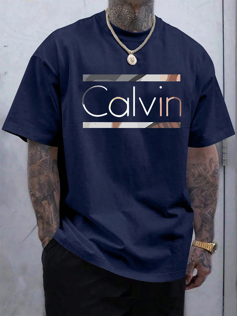Camiseta masculina Calvin de verão, 100% poliéster manga curta.