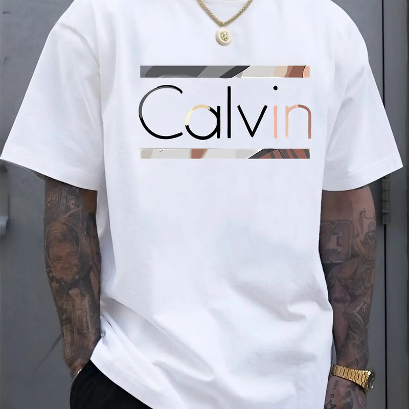 Camiseta masculina Calvin de verão, 100% poliéster manga curta.