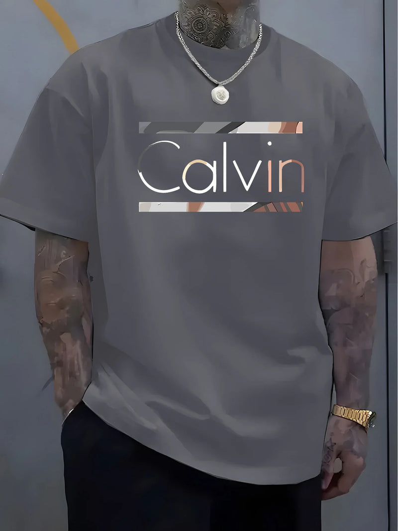 Camiseta masculina Calvin de verão, 100% poliéster manga curta.