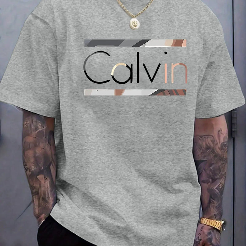 Camiseta masculina Calvin de verão, 100% poliéster manga curta.