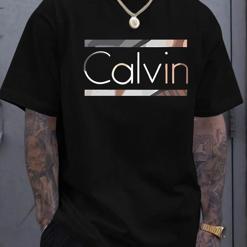 Camiseta masculina Calvin de verão, 100% poliéster manga curta.